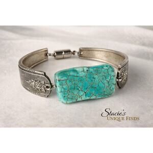 Handmade Silver Plated Spoon Handle Bracelet With Turquoise Colored Stone!